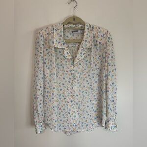 Worthington White Button-Up Blouse with Multicolor pastel tulip Motif size 12